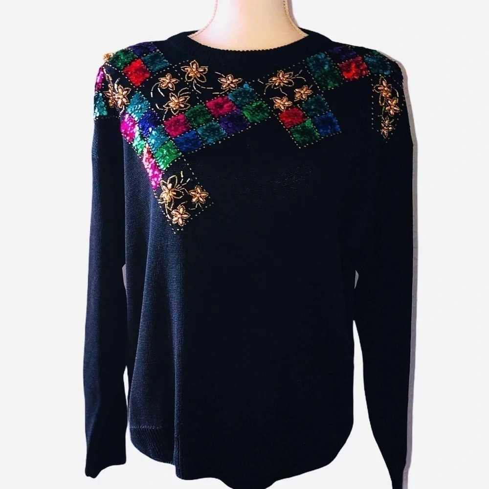 Vintage JESSICA ROBERTS Sz L Black Sequin Sweater